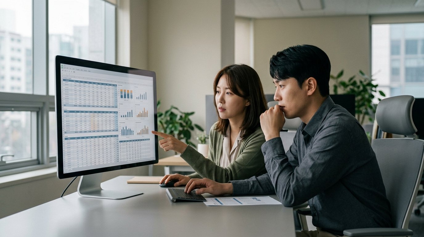 한국인 실무자 두 명이 모니터의 데이터 목록과 차트를 함께 검토하는 사무실 장면
