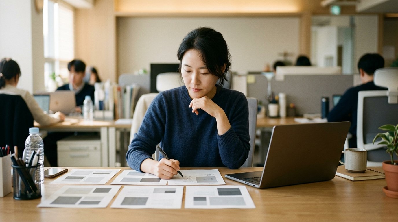 책상에 펼친 페이지 표본을 한 장씩 읽으며 표시하는 한국인 담당자
