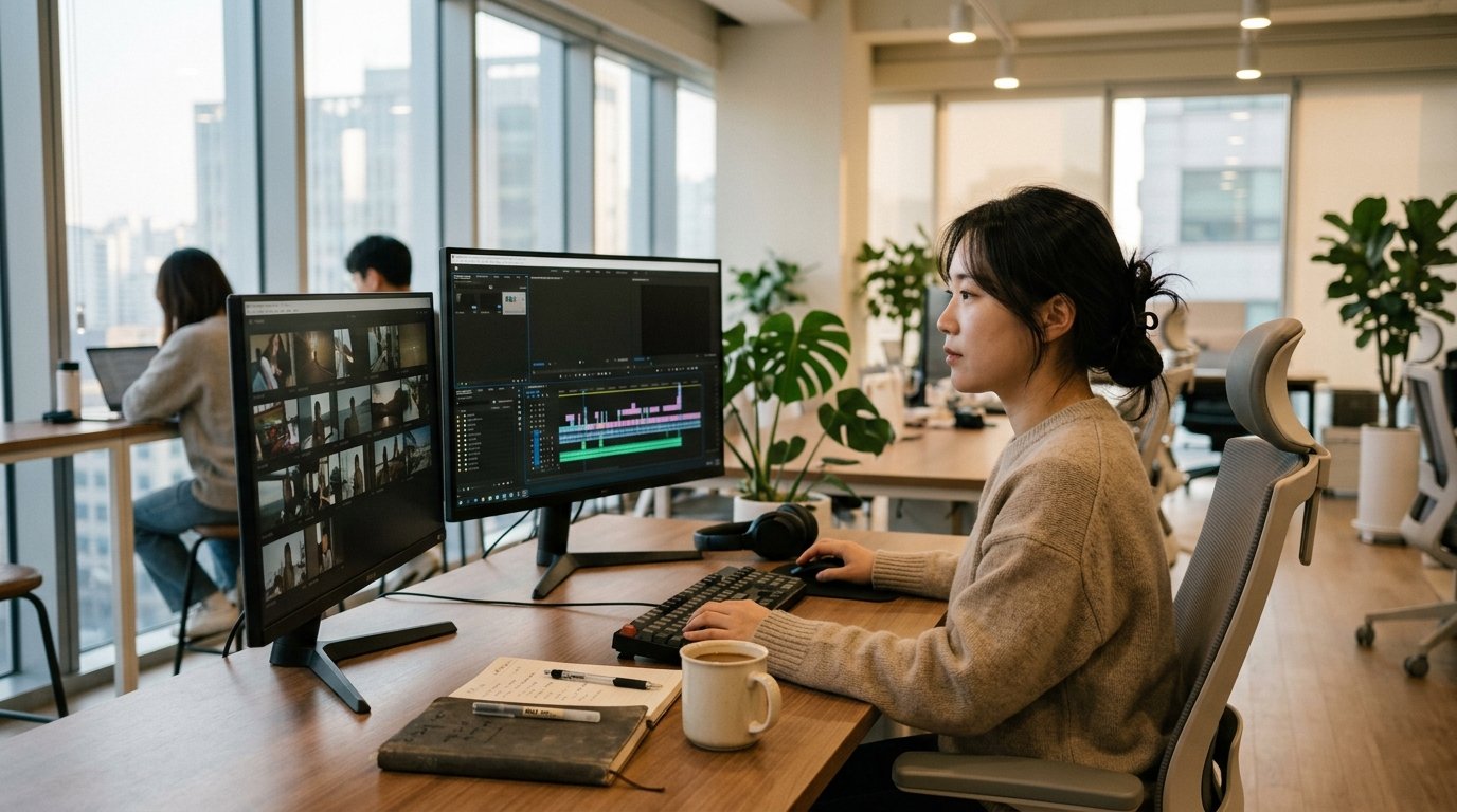 한국 사무실에서 모니터의 영상 편집 타임라인을 검토하는 편집자